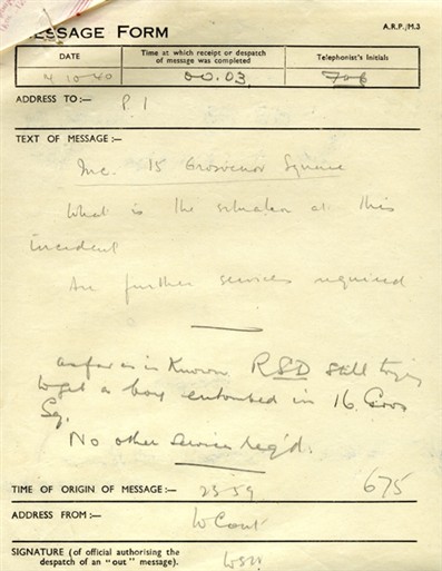 Photo:ARP Message Form, 15 Grosvenor Square, 14 October 1940